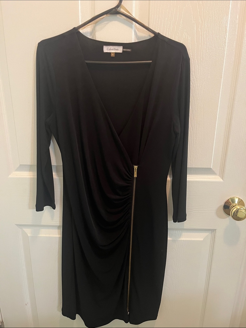Calvin Klein Black Drape-Front Zip Detail Long Sleeve Dress